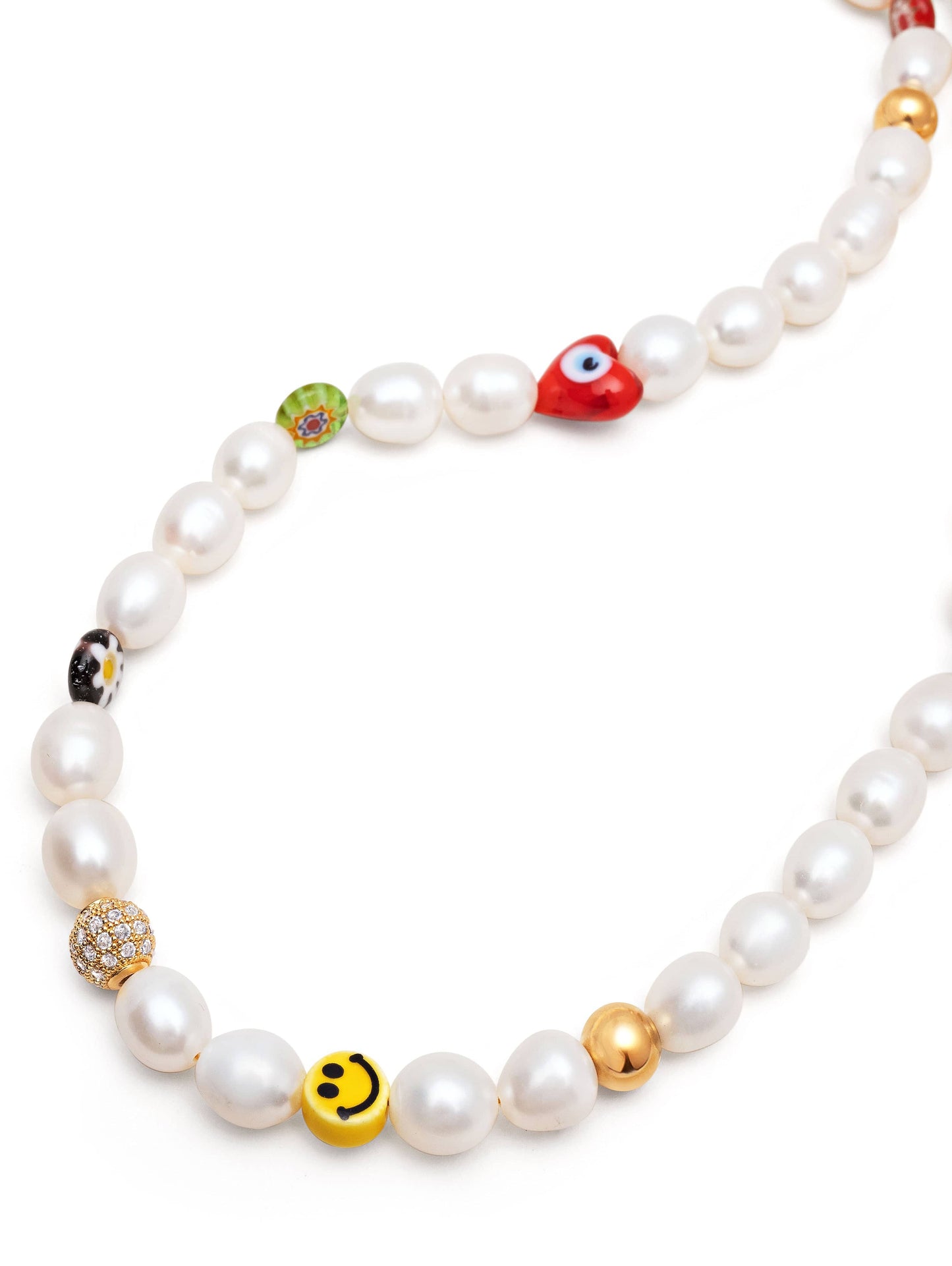 Men's Smiley Face Pearl Necklace with Assorted Beads