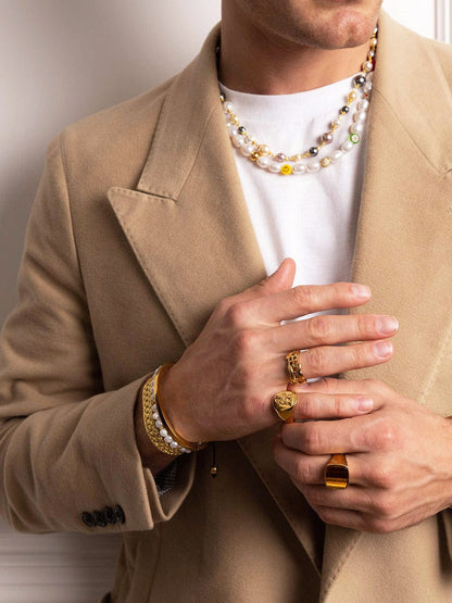 Men's Smiley Face Pearl Necklace with Assorted Beads