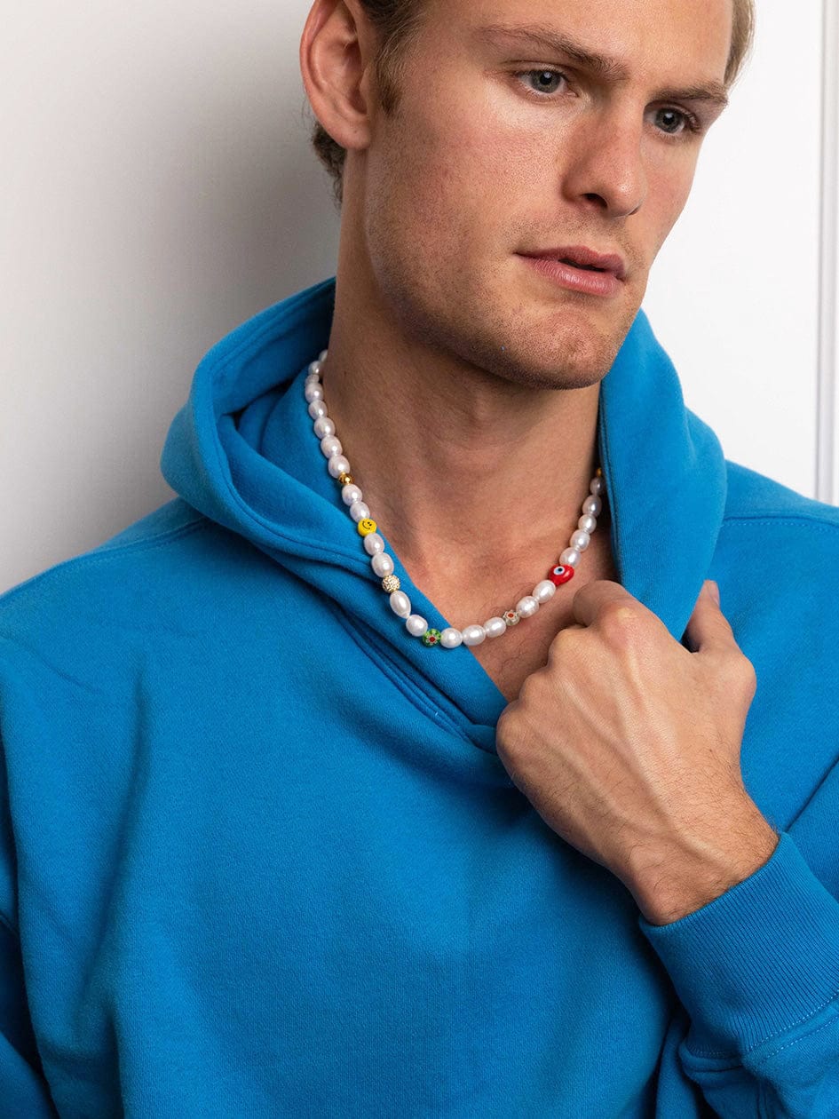 Men's Smiley Face Pearl Necklace with Assorted Beads