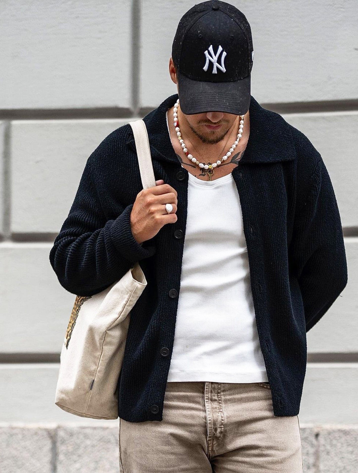 Men's Smiley Face Pearl Necklace with Assorted Beads