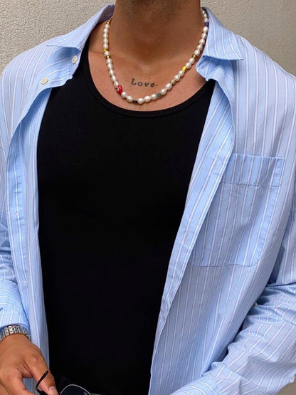 Men's Smiley Face Pearl Necklace with Assorted Beads