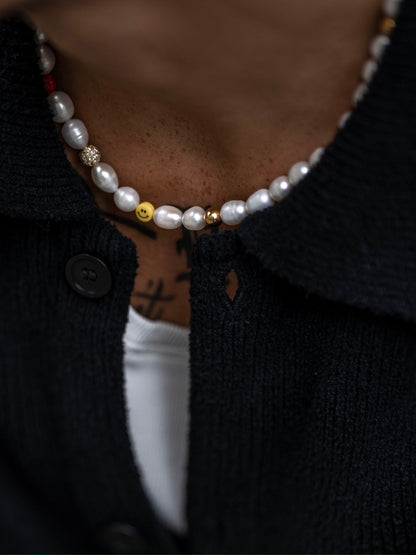 Men's Smiley Face Pearl Necklace with Assorted Beads