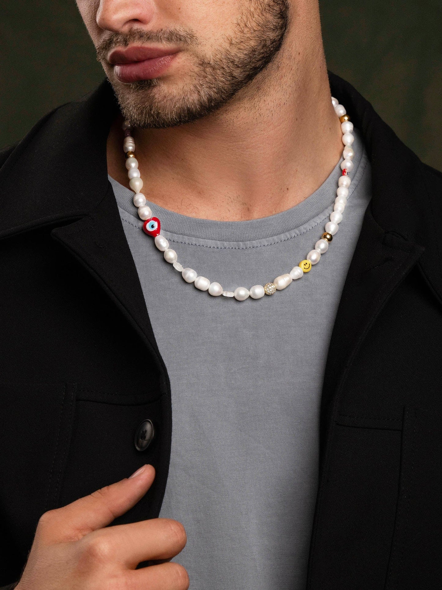 Men's Smiley Face Pearl Necklace with Assorted Beads