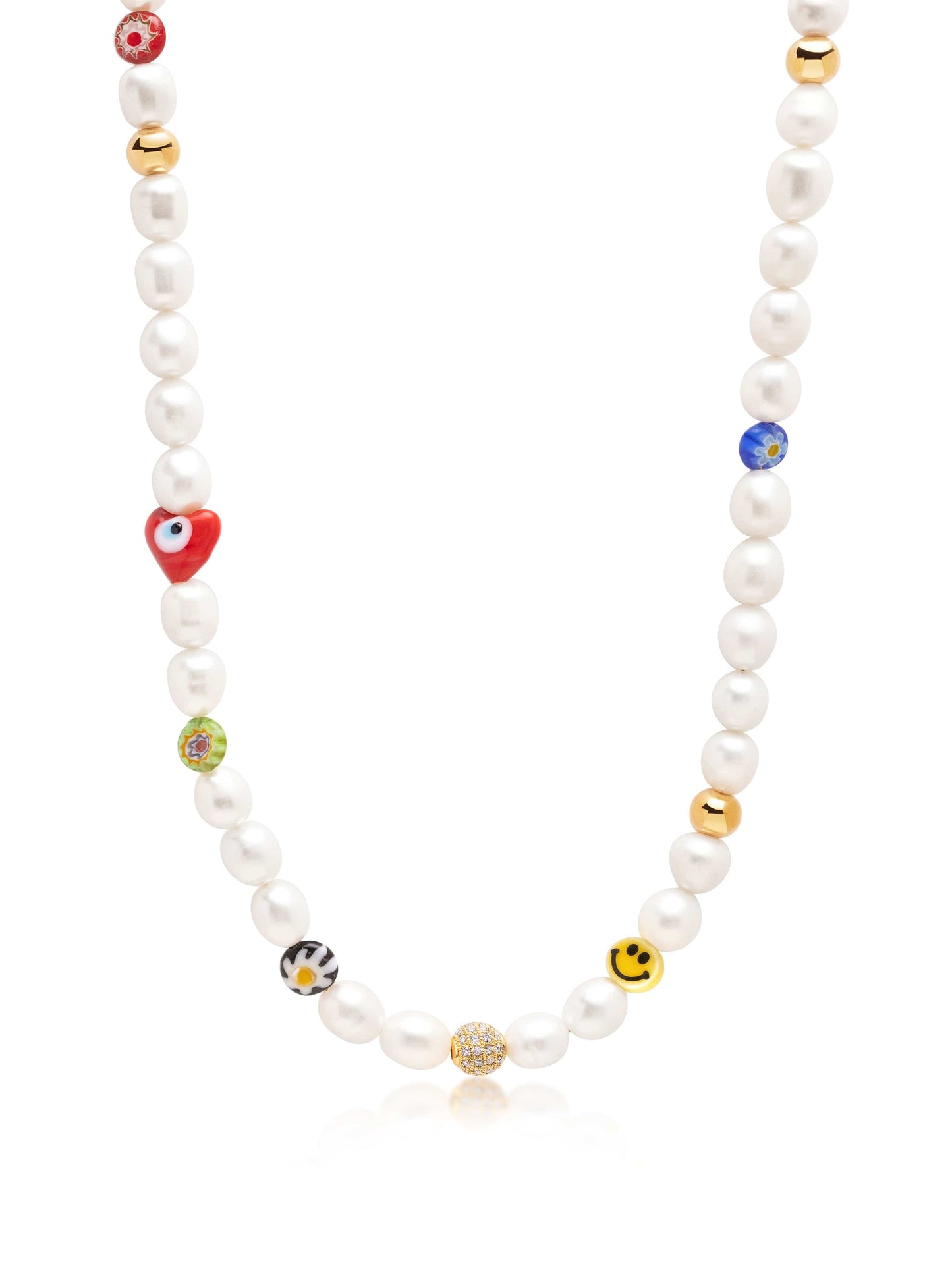 Men's Smiley Face Pearl Necklace with Assorted Beads