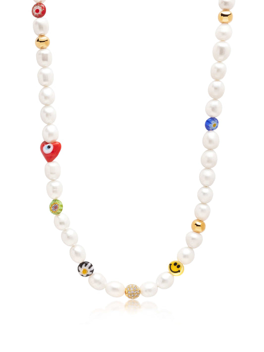 Men's Smiley Face Pearl Necklace with Assorted Beads
