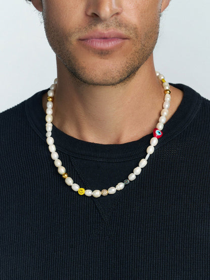Men's Smiley Face Pearl Necklace with Assorted Beads